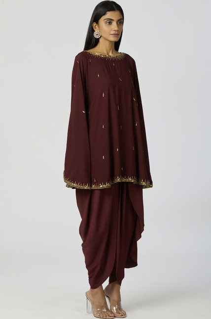 Embellished Kaftan & Dhoti Pant Set in Brown