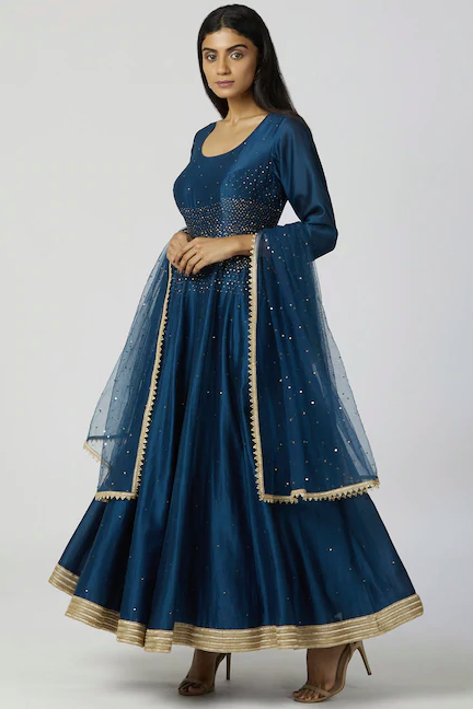 Chanderi Silk Anarkali Set in Turquoise Blue