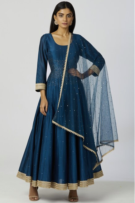Chanderi Silk Anarkali Set in Turquoise Blue