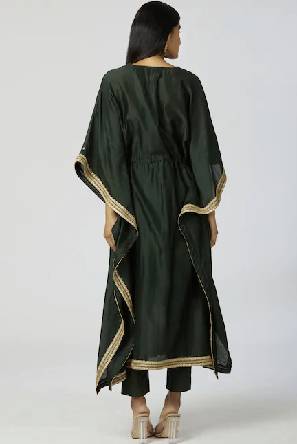 Chanderi Silk Embellished Kaftan & Pant Set in Bottle-Green