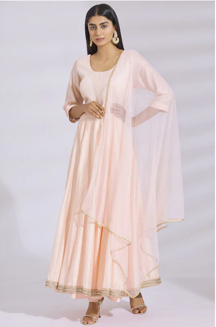 Embellished Chanderi Silk Anarkali Set in Peach