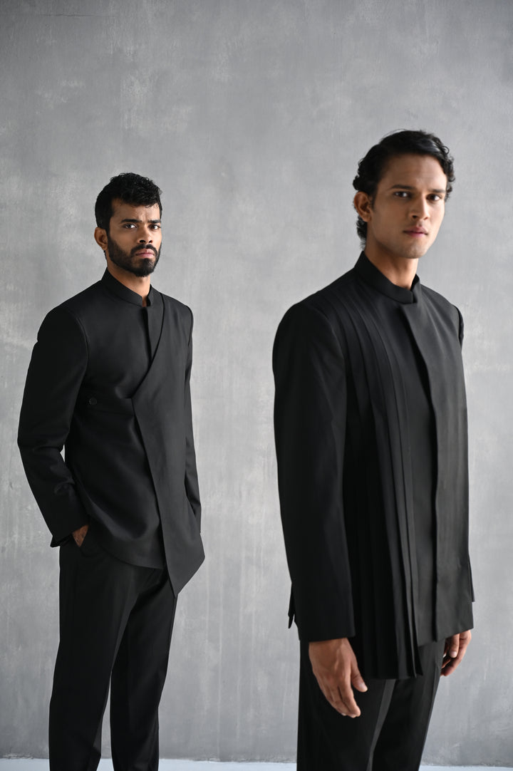 Zahir - Black Bandhgala Pleated Jacket Set