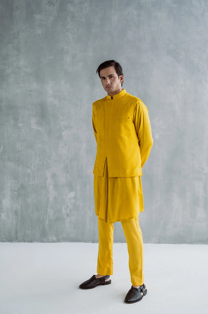 KAI - Mustard Self Textured Kurta Set With Nehru Jacket
