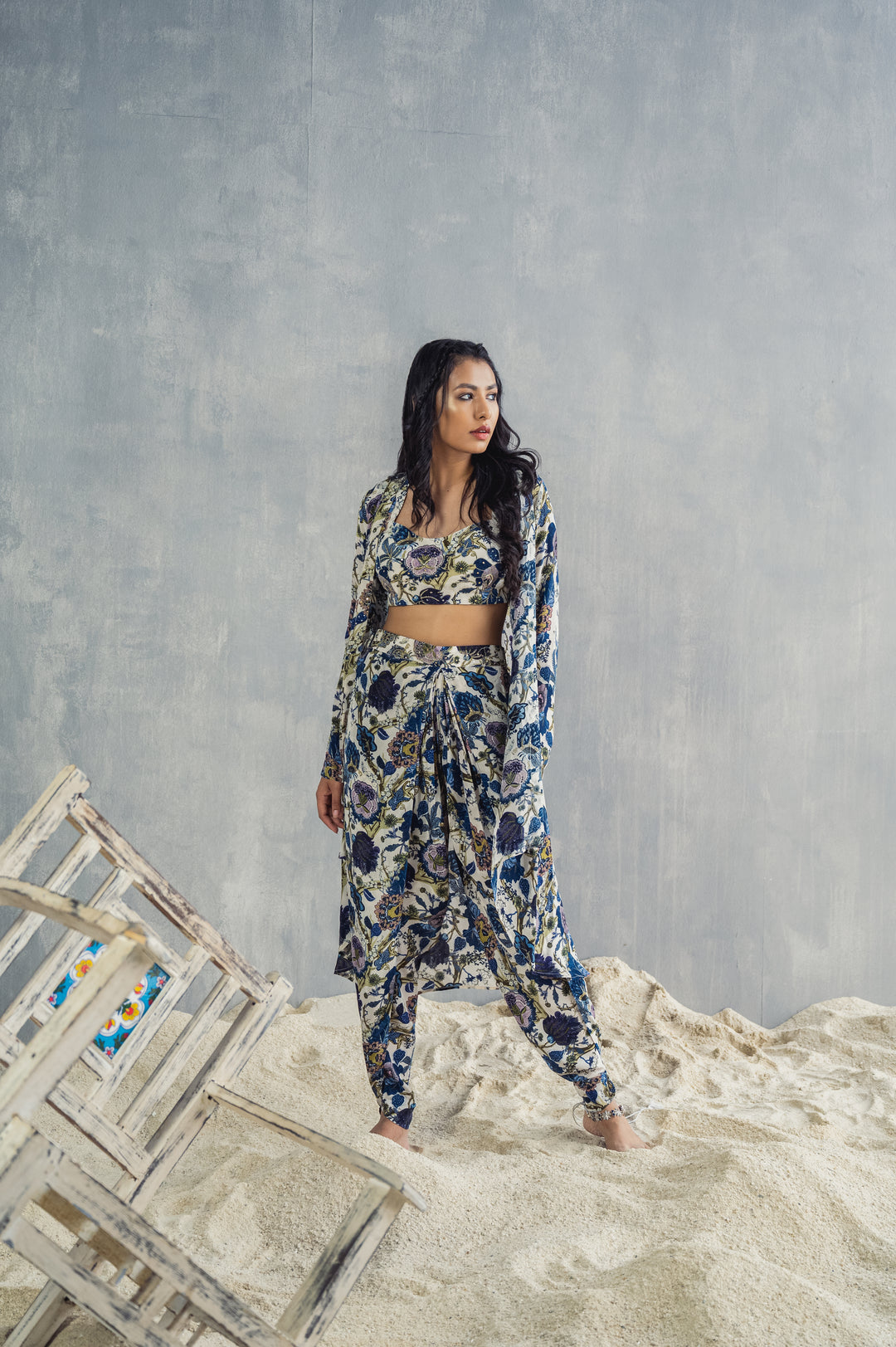 Cynthia- Printed Co-ord Embroidery Blouse with Draped Dhoti & Cape Set