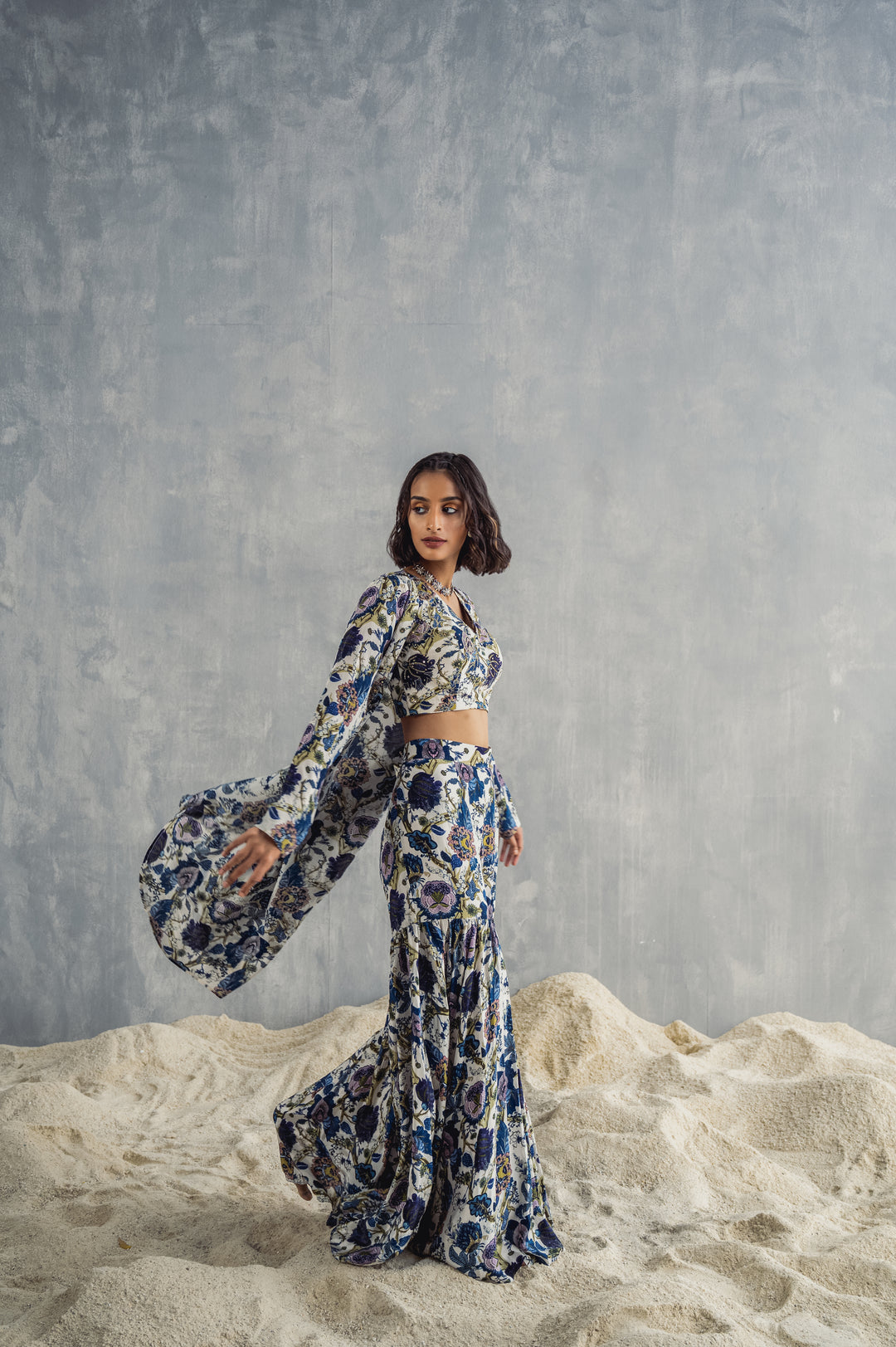 Cassia - Off White & Multi-Blue Printed & Embroidered Crop Top With Cape & Sharara Set